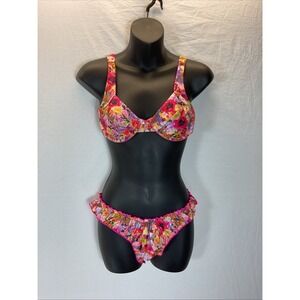 Strawberry Milk Mob Bright Pink‎ Floral Bikini Set Size M Ruffle Boat Beach Hot